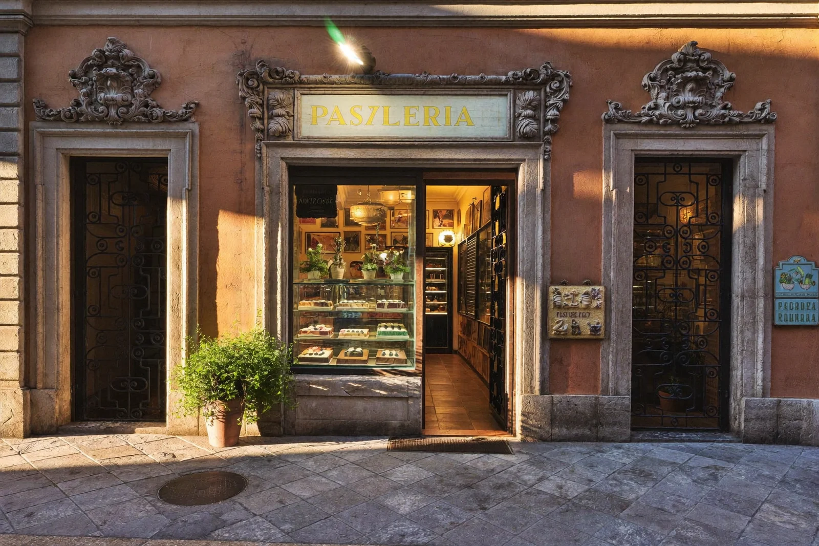 La vetrina della pasticceria illuminata la sera